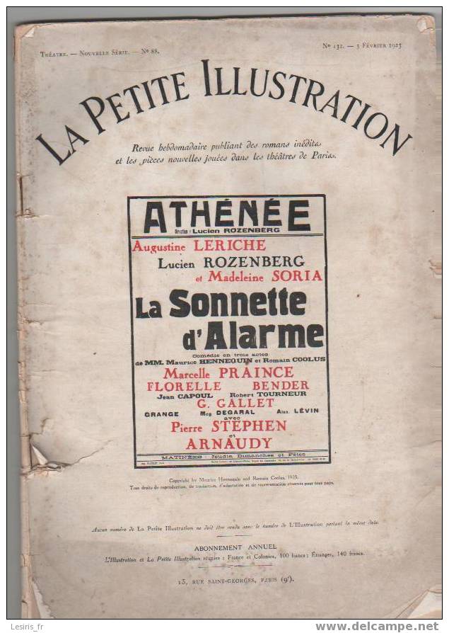 LA PËTITE ILLUSTRATION - THEATRE N° 88 - 3 FEVRIER 1923 - 132 - ATHENEE - LA SONNETTE D'ALARME - MARCELLE PRAINCE - FLO - Auteurs Français