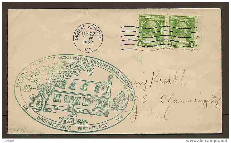 US -  PATRIOTIC 1932 COVER G. WASHINGTON BICENTENNIAL BIRTHPLACE COMMISSION - WAKEFIELD, VA 1732-1932 - Us Independence
