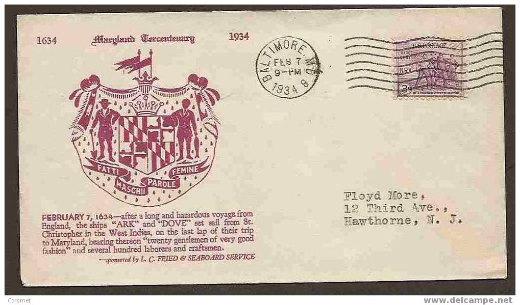 US -  MARYLAND TERCENTENARY - 1634-1934 - VF 1934 CACHETED COVER BALTIMORE To NJ - Indépendance USA