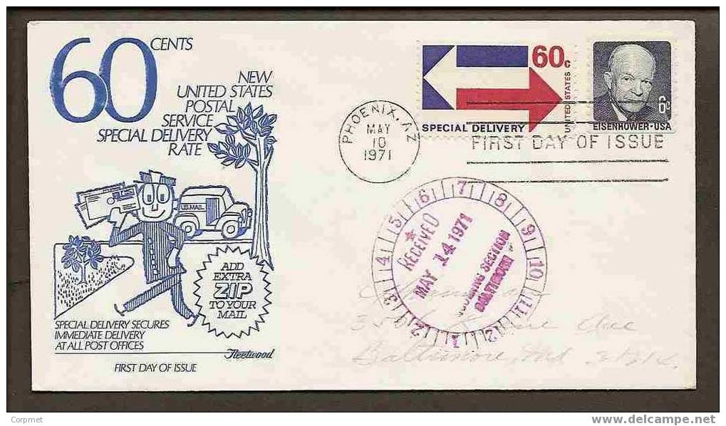 US - NEW US POSTAL SERVICE SPECIAL DELIVERY RATE 60c - Scott E23 - VF COVER FIRST DAY - USED From PHOENIX - Special Delivery, Registration & Certified