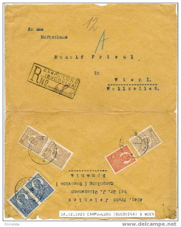 Lettre Recommandée De CAMPU-LING (BUCOVINA) Vers Vienne Le 14/12/1923.  Affr. à 5 Lei 25 Bani.  TB - 2178 - Storia Postale