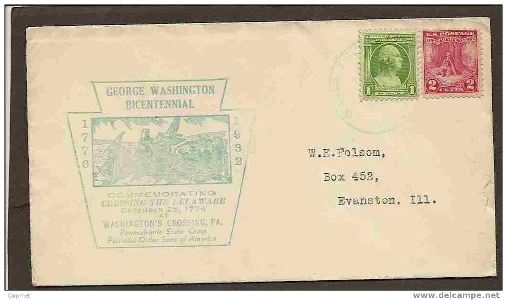 US - HISTORIC WASHINGTON CROSSING THE DELAWARE BICENTENNIAL COMM 1932 CACHETED COVER - GREEN CANCEL - Us Independence