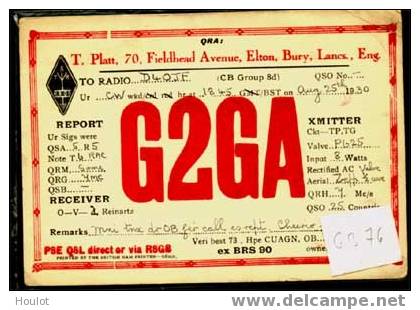 Großbritannien Mi. N° GS  G2GA T. Platt 70, Fieldhead Avenue, Elton, Bury, Lancs., Eng. Funkkarte 25.8.1930 - Lettres & Documents