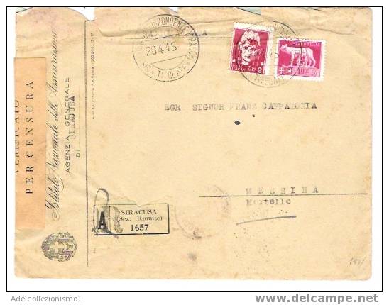 615)assicurata Con 2£+5£ Imperiale Da Siracusa A Messina  Il 28-4-1945 - Poststempel