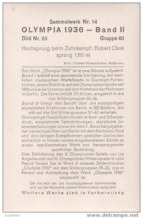 OLYMPIA 1936 - DÉCATHLON -> SAUT En HAUTEUR : ROBERT CLARK / SAUT De 1,80 MÉTRES - À VOIR DÉTAILS AU DOS ! (z-354) - Leichtathletik