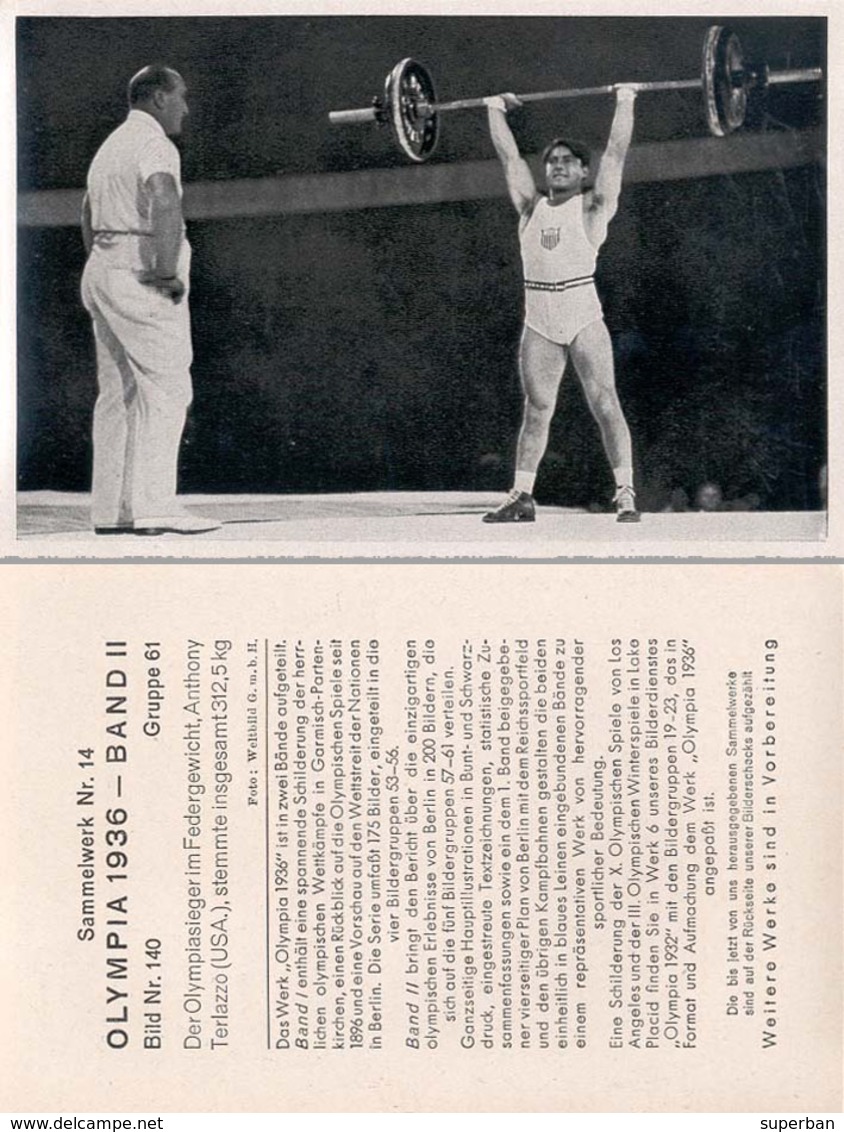 OLYMPIA 1936 - HALTÈRES : ANTHONY TERLAZZO / U.S.A. -> CHAMPION OLYMPIQUE... - À VOIR DÉTAILS AU DOS ! (z-362) - Weightlifting