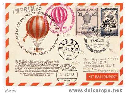 L126/ Luxemburg -  Österr. Ballonflug + Inland Air Lux. Bergen (Norwegen) 1955 (Weltkindertag) - Brieven En Documenten