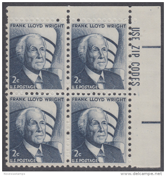 !a! USA Sc# 1280 MNH ZIP-BLOCK (UR) - Prominent Americans: Frank Lloyd Wright - Ongebruikt