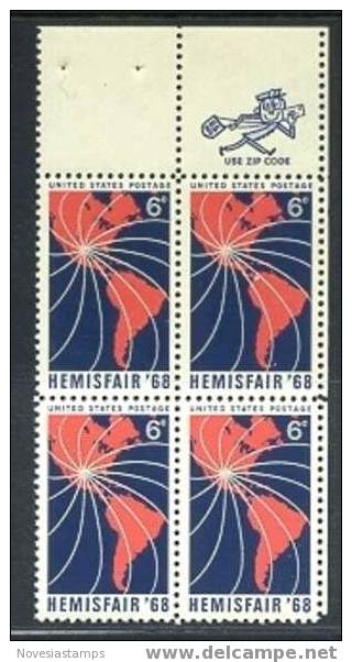 !a! USA Sc# 1340 MNH ZIP-BLOCK (UR) - HemisFair '68 - Nuovi