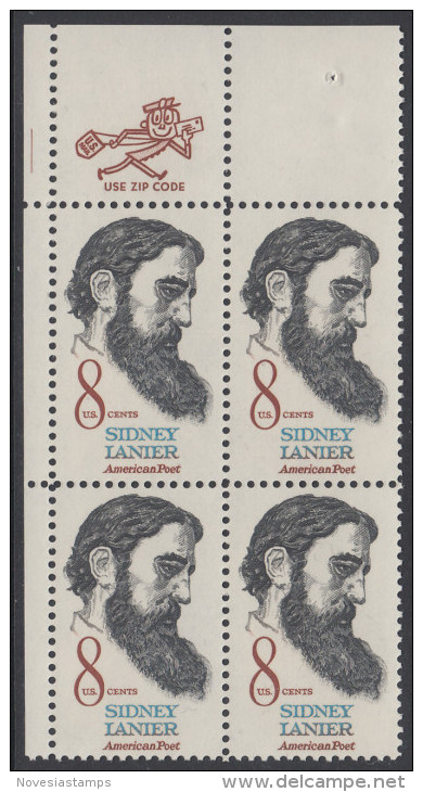 !a! USA Sc# 1446 MNH ZIP-BLOCK (UL) - Sidney Lanier - Unused Stamps