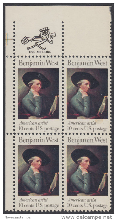 !a! USA Sc# 1553 MNH ZIP-BLOCK (UL) - Benjamin West - Unused Stamps