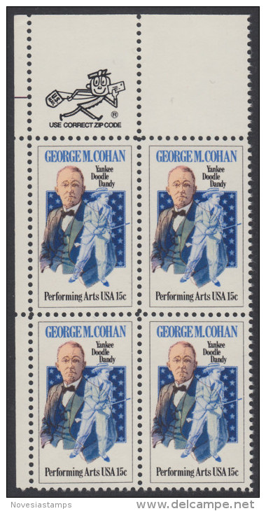 !a! USA Sc# 1756 MNH ZIP-BLOCK (UL) - Performing Arts: George M. Cohan - Nuovi