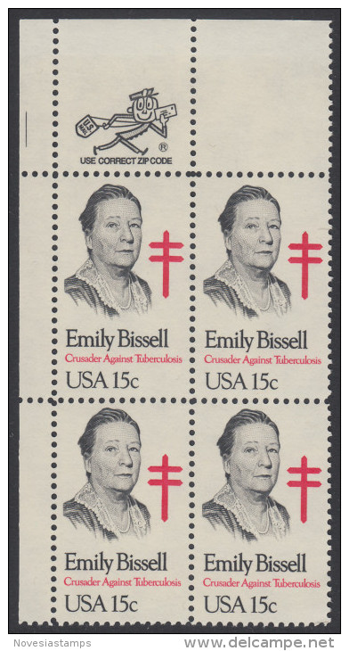 !a! USA Sc# 1823 MNH ZIP-BLOCK (UL) - Emily Bissell - Unused Stamps