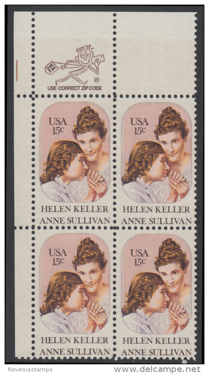 !a! USA Sc# 1824 MNH ZIP-BLOCK (UL) - Helen Keller - Ungebraucht