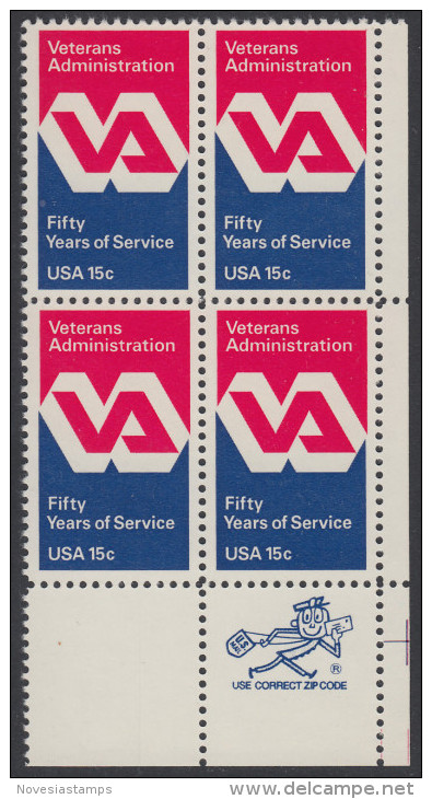 !a! USA Sc# 1825 MNH ZIP-BLOCK (LR) - Veterans Administration - Ungebraucht
