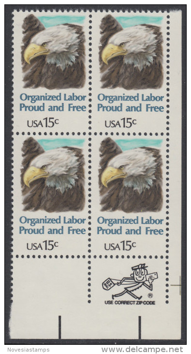 !a! USA Sc# 1831 MNH ZIP-BLOCK (LR) - Organized Labor - Unused Stamps