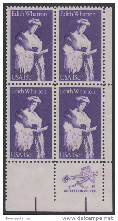 !a! USA Sc# 1832 MNH ZIP-BLOCK (LR) - Edith Wharton - Unused Stamps
