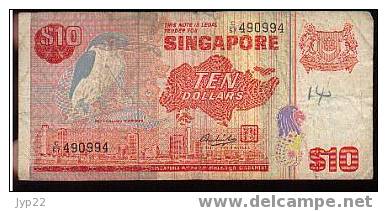 RARE Billet Singapour Sngapore 10 Ten Dollars C/67 490994 - Oiseau Bird White Collared Kingfisher - Singapour