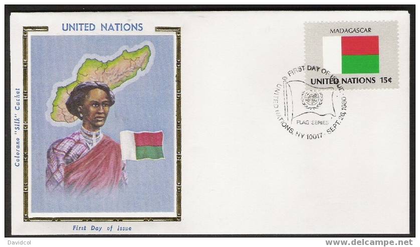 S849.-. 1980 .-. U.N. / O.N.U - SILK COVER-  MADAGASCAR    FLAG- BEAUTIFUL COVER. - Covers