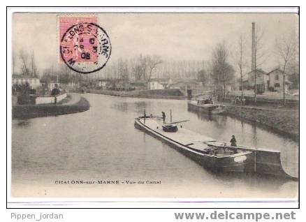 51 CHALONS-sur-MARNE * Vue Du Canal * Belle CPA Animée, Cachet 1908 - Péniches