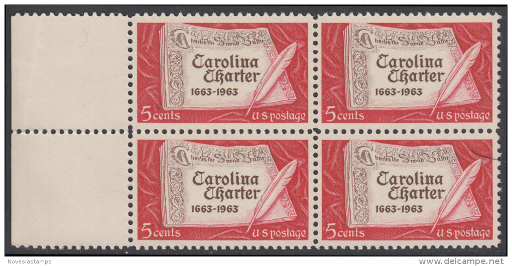 !a! USA Sc# 1230 MNH BLOCK W/ Left Margins - Carolina Charter - Unused Stamps