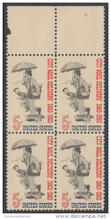 !a! USA Sc# 1238 MNH BLOCK W/ Top Margins - City Mail Delivery - Nuovi