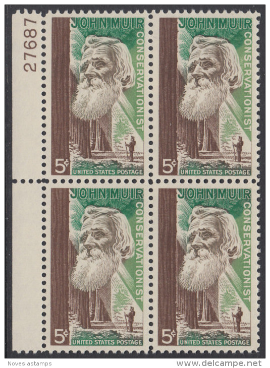 !a! USA Sc# 1245 MNH BLOCK W/ Left Margin & Plate-# (27687) - John Muir - Unused Stamps