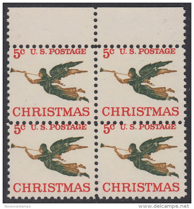 !a! USA Sc# 1276 MNH BLOCK W/ Top Margins - Christmas: Angel With Trumpet - Nuovi