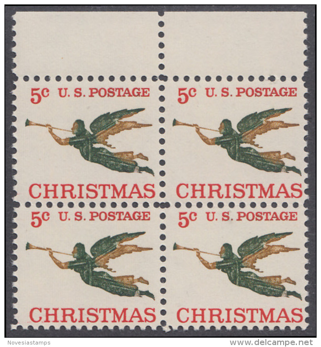 !a! USA Sc# 1276 MNH BLOCK W/ Top Margins (Gum Slightly Damaged) - Christmas: Angel With Trumpet - Unused Stamps