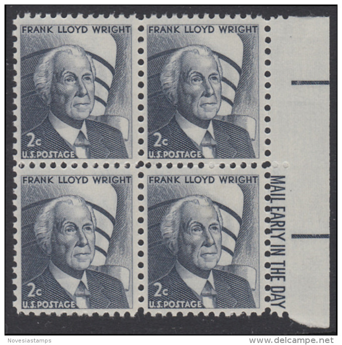 !a! USA Sc# 1280 MNH BLOCK W/ Right Margins & Mail Early - Frank Lloyd Wright - Ongebruikt