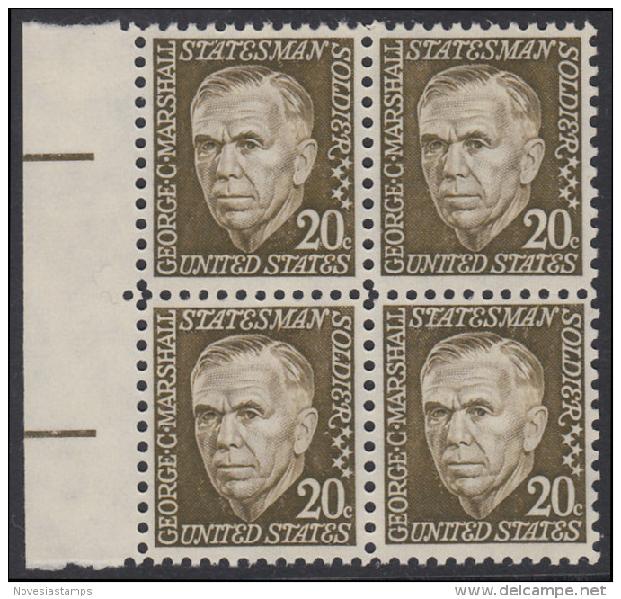 !a! USA Sc# 1289 MNH BLOCK W/ Left Margins - George C. Marshall - Nuovi