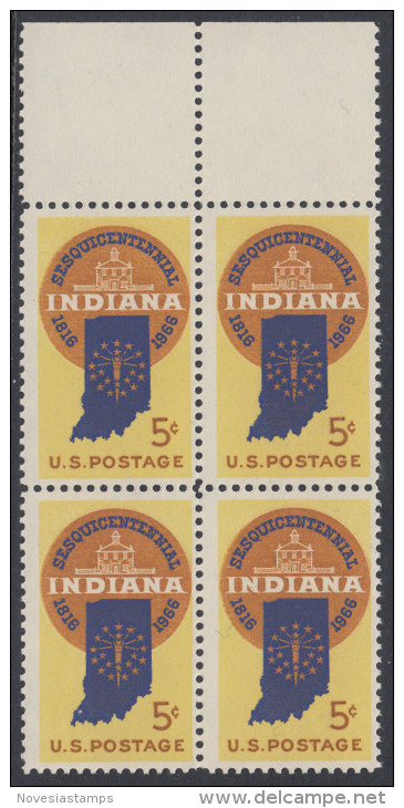 !a! USA Sc# 1308 MNH BLOCK W/ Top Margins (a1) - Indiana Statehood - Unused Stamps