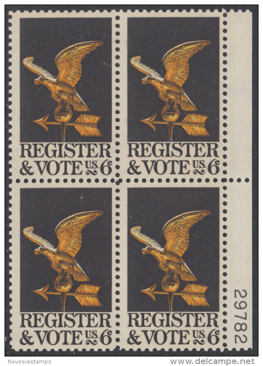 !a! USA Sc# 1344 MNH BLOCK W/ Right Margins & Plate-# (LR/29782) - Register And Vote - Ongebruikt