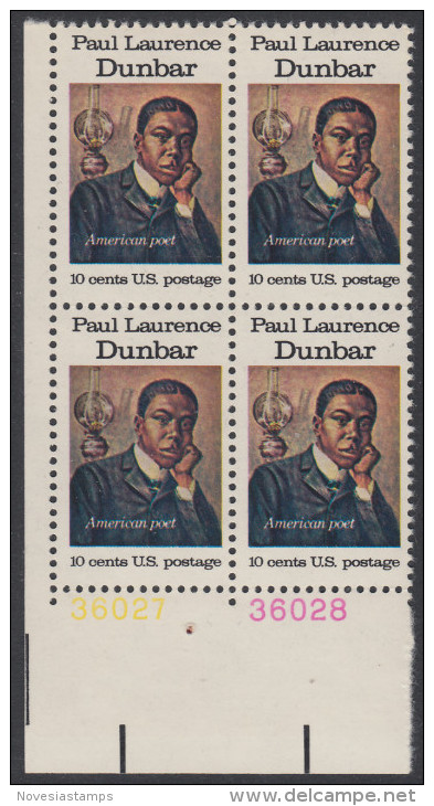 !a! USA Sc# 1554 MNH BLOCK From Lower Left Corner W/plate-# (LL/36027) - Paul Lawrence Dunbar - Unused Stamps