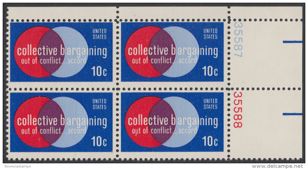 !a! USA Sc# 1558 MNH BLOCK From Upper Right Corner W/ Plate-# 35587 - Collective Bargaining - Unused Stamps