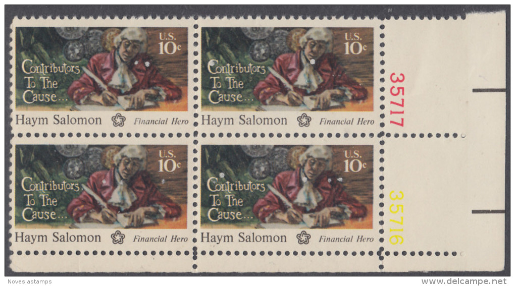 !a! USA Sc# 1561 MNH BLOCK From Lower Right Corner W/ Plate-# 35716 - Haym Salomon - Unused Stamps