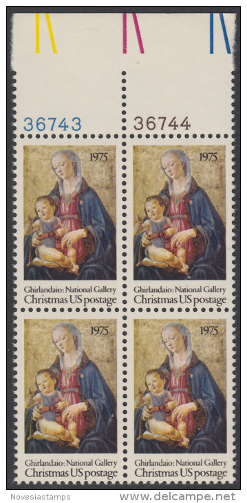 !a! USA Sc# 1579 MNH BLOCK W/ Top Margins & Plate-# (T/36743) - Madonna & Child - Unused Stamps