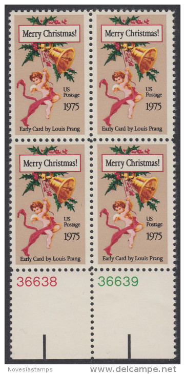 !a! USA Sc# 1580 MNH BLOCK W/ Bottom Margins & Plate-# (LL/36638) - Christmas Card - Unused Stamps