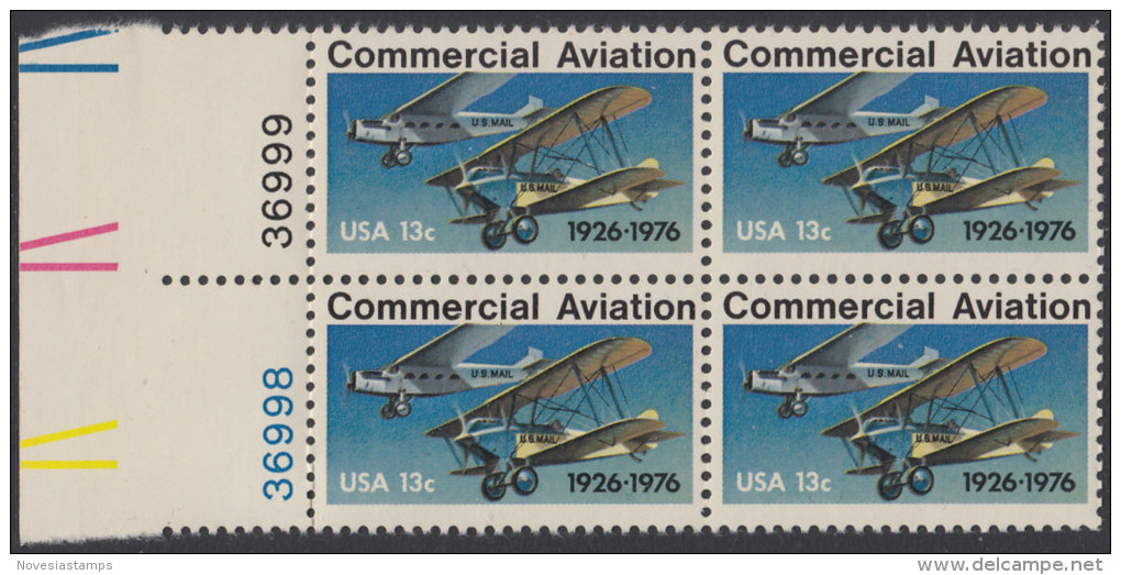 !a! USA Sc# 1684 MNH BLOCK W/ Left Margins & Plate-# (LL/36998) - Commercial Aviation - Unused Stamps