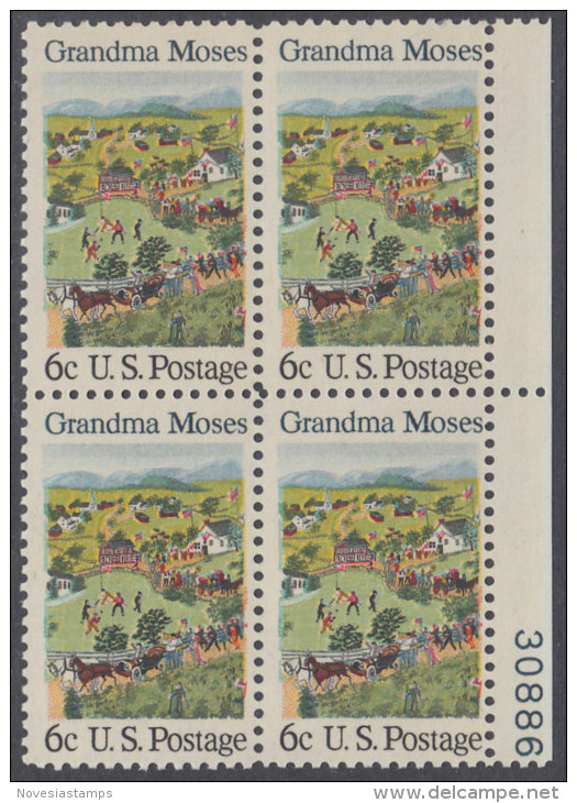 !a! USA Sc# 1370 MNH BLOCK W/ Right Margins & Plate-# (LR/30886) - Grandma Moses - Unused Stamps