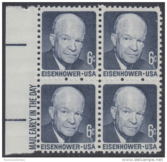 !a! USA Sc# 1393 MNH BLOCK W/ Left Margins & Mail Early - Dwight D. Eisenhower - Nuovi
