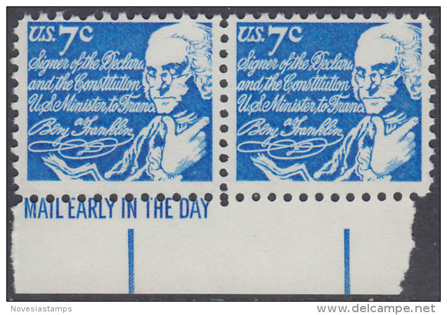 !a! USA Sc# 1393D MNH  Horiz.PAIR W/ Bottom Margins & Mail Early - Benjamin Franklin - Nuevos