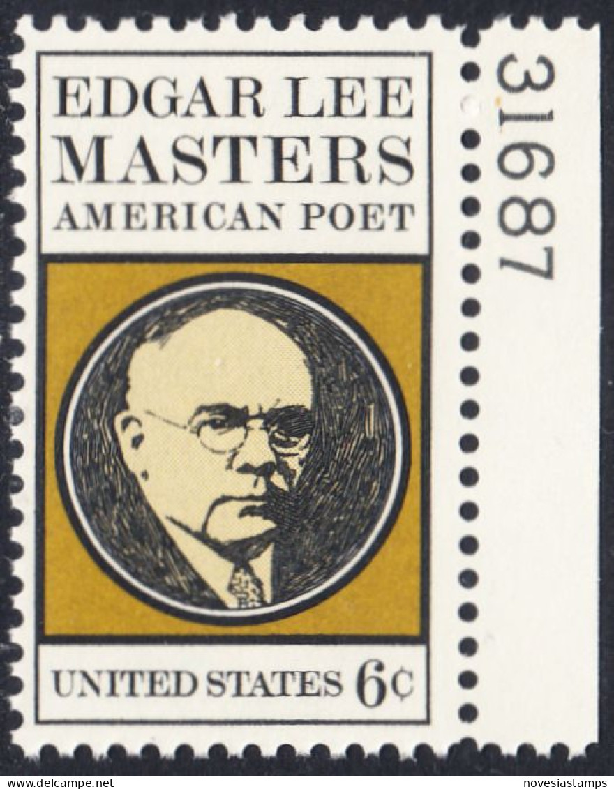 !a! USA Sc# 1405 MNH SINGLE W/ Right Margin & Plate-# 31687 - Edgar Lee Masters - Nuovi