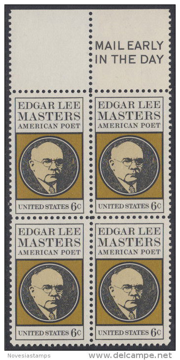 !a! USA Sc# 1405 MNH BLOCK W/ Top Margins & Mail Early - Edgar Lee Masters+ - Ongebruikt