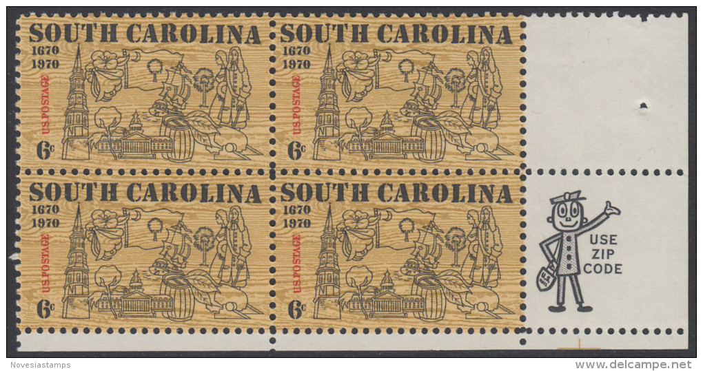 !a! USA Sc# 1407 MNH BLOCK W/ Right Margins & Mail Early - South Carolina - Ongebruikt