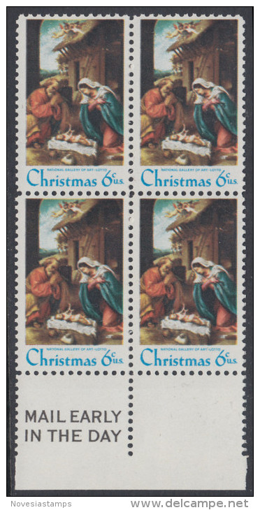 !a! USA Sc# 1414 MNH BLOCK W/ Bottom Margins & Mail Early - Nativity - Nuovi