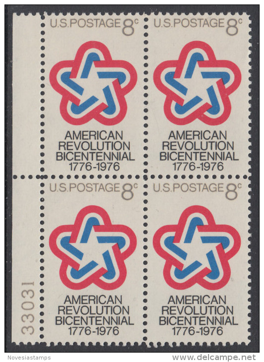!a! USA Sc# 1432 MNH BLOCK W/ Left Margins & Plate-# 33031 - American Revolution - Ungebraucht