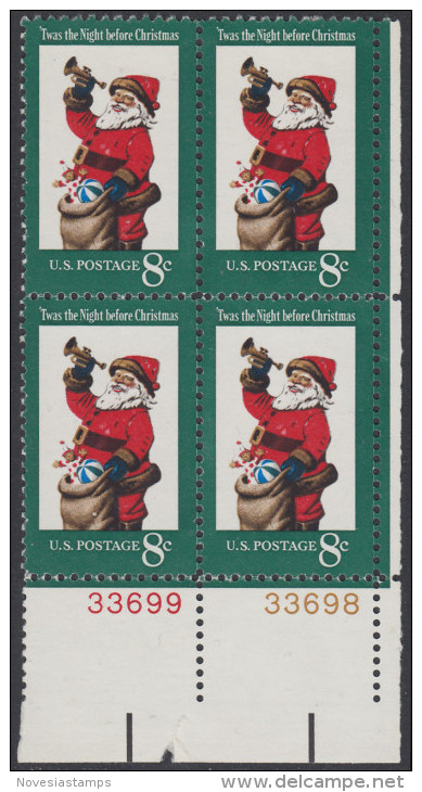 !a! USA Sc# 1472 MNH BLOCK From Lower Right Corner W/ Plate-# 33698 - Christmas: Santa Claus - Unused Stamps