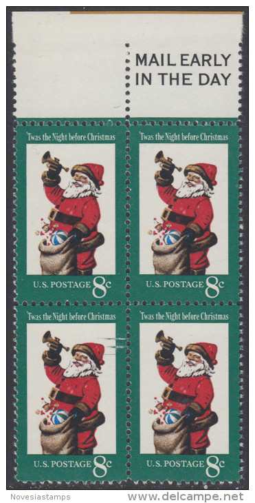 !a! USA Sc# 1472 MNH BLOCK W/ Top Margins & MailEarly - Christmas: Santa Claus - Nuevos