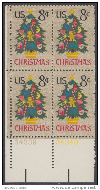 !a! USA Sc# 1508 MNH BLOCK From Lower Left Corner W/plate-# (LL/34339) - Christmas Tree In Needlepoint - Unused Stamps